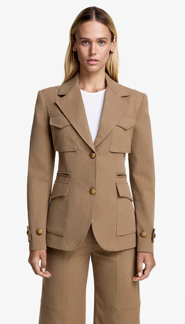 SOVEREIGN | The Sand Piped Safari Blazer | Striped Trim Double-Breasted Jacket