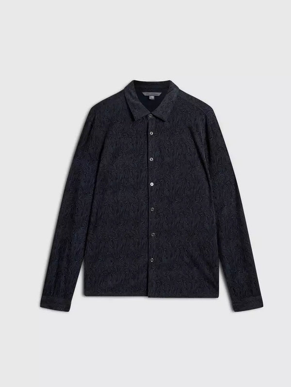 John Varvatos Men's Veneto Shirt – Velvet Wood Grain Flocking, Stand Collar, Silky Fabric
